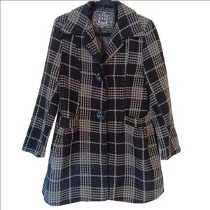 Last Kiss Pea Coat Women Size Medium Black Grey Plaid Wool Blend 9872LK21
